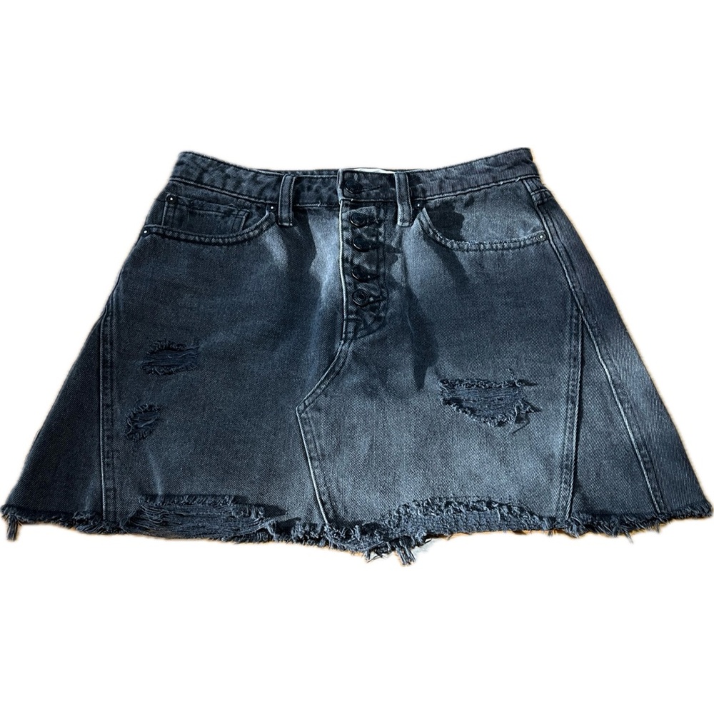 Free People Button Fly Black Denim A-Line Distressed Mini Skirt Size 26